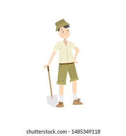 Man archaeologist with a shovel. Raster illustration isolated on white background