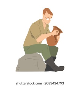 Man Archaeologist Sitting on Rock with Ancient Amphora Working on Excavations in Search of Archaeological Remains Vector Illustration
