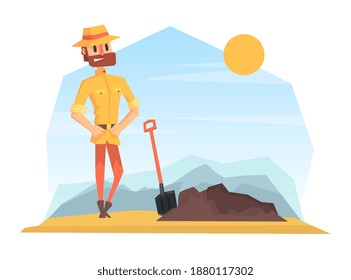 Man Archeologist Digging Soil, Scientist Character Working on Archeological Excavations Cartoon Vector Illustration