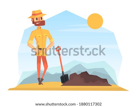 Man Archeologist Digging Soil, Scientist Character Working on Archeological Excavations Cartoon Vector Illustration