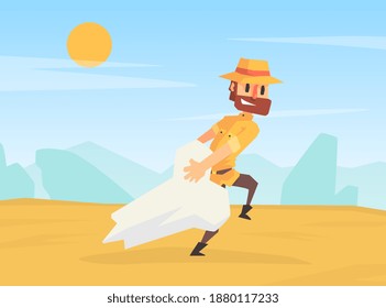 Man Archeologist Pulling Huge Mammoth Bone, Scientist Character During Archeological Excavations Cartoon Vector Illustration