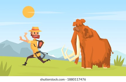 Man Archeologist Running Away from Mammoth, Scientist Character Working on Archeological Excavations Cartoon Vector Illustration