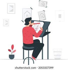 Man Architect Creator Drafting Flat Cartoon Vector Illustration. Architectural Desk for Sketching. Large Sheet Paper, Ruler Architect Workplace. Engineer Office Room Workshop. Creating Project.