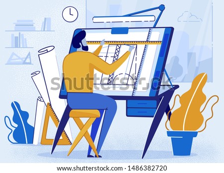 Man Architect Creator Drafting Flat Cartoon Vector Illustration. Architectural Desk for Sketching. Large Sheet Paper, Ruler Architect Workplace. Engineer Office Room Workshop. Creating Project.