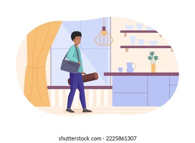 Hombre arquitecto o diseñador cargando maleta y tubo de planos. Constructor masculino, ingeniero con proyectos de pie en el hogar o en la oficina del vector de dibujos animados interiores