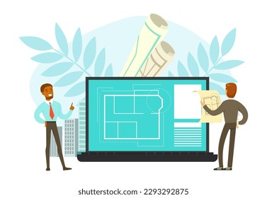 Menschenarchitektin diskutiert Projekt und Blueprint-Zeichnung für Vektorgrafik im House Engineering