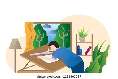 man architect drawing house project floor plan at draftsman studio with adjustable drawing board desk