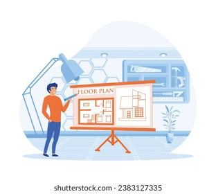 Man architect drawing house project floor plan at draftsman studio with adjustable drawing board desk. flat vector modern illustration 