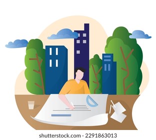 Man architect drawing at white blank paper, artist drawing on table, drawing icon template, flat style