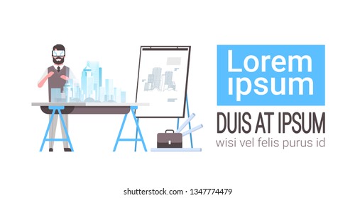 man architect engineer wearing digital glasses virtual reality 3d building city model vr modeling headset vision concept house blueprint white background horizontal full length copy space
