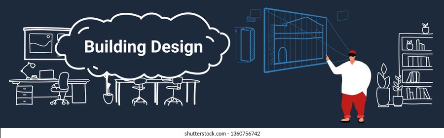 man architect engineer wearing digital glasses virtual reality 3d building design blueprint vr modeling headset vision concept office interior horizontal banner full length sketch doodle