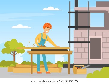 Man Architect in Hard Hat on Construction Site Working with Wood Vector Illustration