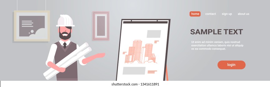 man architect in helmet holding blueprints in rolls engineer showing new drawing building on easel board panning project concept house blueprint horizontal portrait copy space