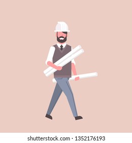 man architect in helmet holding rolled up blueprints happy engineer panning project construction industry concept professional occupation full length flat