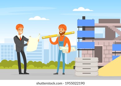 Man Architect Planning and Overseeing Work Process at Construction Site Vector Illustration
