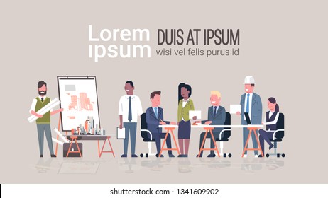 man architect showing drawing building blueprint on easel board to businesspeople engineers group panning project team meeting presentation concept horizontal full length copy space