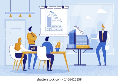 Man Architect Showing Drawing Building on Board to Businesspeople Engineers Group. Team Planning Project and Doing Presentation on Meeting. House Layout. Male and Female Characters Sitting at Table.