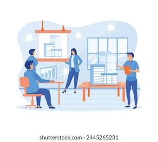 Man Architect Showing Drawing Building on Board to Businesspeople Engineers Group. Team Planning Project and Doing Presentation on Meeting. flat vector modern illustration 