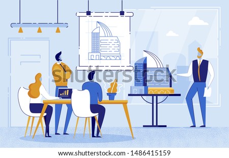 Man Architect Showing Drawing Building on Board to Businesspeople Engineers Group. Team Planning Project and Doing Presentation on Meeting. House Layout. Male and Female Characters Sitting at Table.
