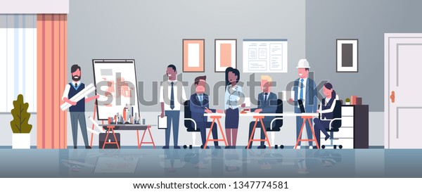 Man Architect Showing Drawing Building Blueprint Stock Vector (Royalty ...