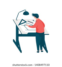Man Architect Sitting at Desk Working on Blueprint Building Plan, Male Professional Engineer Character Vector Illustration