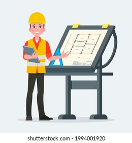 Man Architect stand next to architect table with sheet of paper and ruler. Industrial architect. Vector illustration