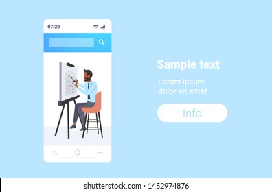 man architect using compass engineer drafting house project on adjustable drawing board desk housing contractor designing house plan smartphone screen mobile app horizontal full length
