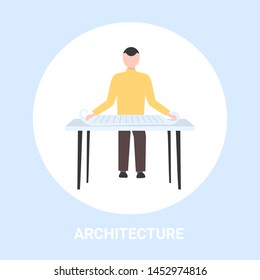 man architect working with blueprint engineer drafting new building model urban panning project concept housing contractor designing house plan full length