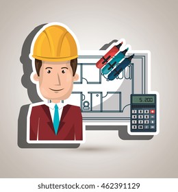 man architecture calculator plans vector illustration graphic