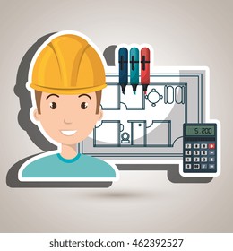 man architecture calculator plans vector illustration graphic