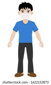 A man in areas of poor air quality wear N95-standard facemasks to prevent health threats from exposure to particulate matter smaller than 2.5 microns (PM2.5). Vector illustration isolated in white.