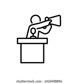 Man argue with loudspeaker made gesture hand behind tribune. Debate concept icon outline vector