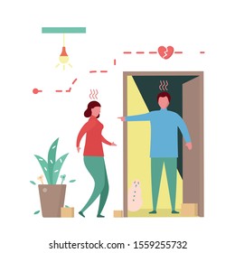 Man argues girlfreind in front of the door. Vector illustration in flat style.