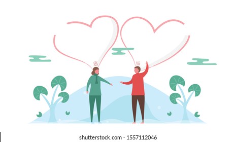Man argues with woman in the park. Couple of love design for winter season. Vector illustration in flat style.