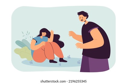 Man arguing with depressed girlfriend flat vector illustration. Couple having conflict, husband bullying his wife. Abuse, violence, fear concept for banner, website design or landing web page
