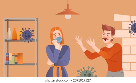 Man arguing with infected girl in protective mask. Home quarantine, compelled Isolation due to Covid 19 Pandemic vector illustration