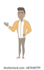 Man with arm out in welcoming gesture. Full length of welcoming african-american man. Young man doing welcome gesture. Vector sketch cartoon illustration isolated on white background.