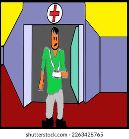 MAN WITH ARM IN A PLASTEN LEAVING A HOSPITAL