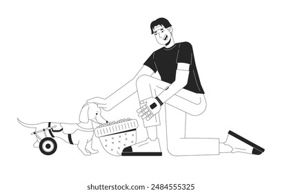 Man with arm prosthesis feeding disabled dog from hat black and white 2D line cartoon character. Pet owner with disabilities isolated vector outline person. Life monochromatic flat spot illustration
