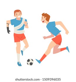 Man with Arm Prosthesis Playing Soccer with His Friend, Active Amputee Man Training with Soccer Ball, Friendship and Support, Person Enjoying Full Life Vector Illustration