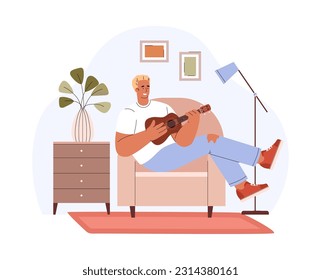 Man in armchair plays cheerfully on ukulele in cozy room. Persons enjoys playing musical instrument, small guitar. Vector isolated illustration hand drawn on white background