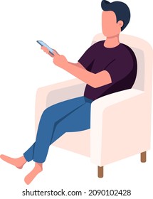 Hombre en sillón de color semiplano personaje vectorial. Figura de descanso. Persona de cuerpo entero sobre blanco. Estilo de vida cómodo aislado moderno estilo de dibujos animados para el diseño gráfico y la animación
