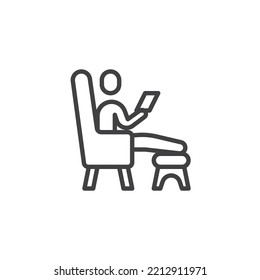 Man In Armchair Using Laptop Line Icon. Freelance Work Linear Style Sign For Mobile Concept And Web Design. Remote Work Outline Vector Icon. Symbol, Logo Illustration. Vector Graphics