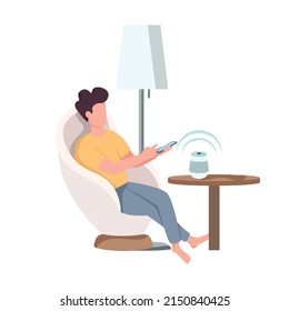 Man in armchair using wireless cell phone charger semi flat color vector character. Posing figure. Full body person on white. Simple cartoon style illustration for web graphic design and animation