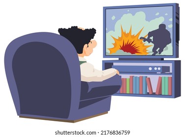 Man in armchair is watching war news on TV. Funny people. Illustration concept template for website, web landing page, banner, presentation, social, poster, promotion or print media.