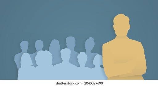 Man With Arms Crossed In Front Of People Crowd. 3D Papercut Business Illustration, Leadership Template. Male Team Leader Standing Confident At Office Work Space.