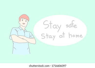 A man with arms crossed in hand drawing vector and text Stay at home to campaign protection yourself for coronavirus or COVID-19