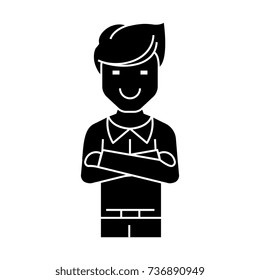 man arms crossed icon, vector illustration, black sign on isolated background