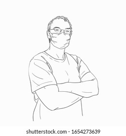 Man with arms crossed over his chest wearing medical face mask and eyeglasses, Hand drawn linear illustration, Vector sketch