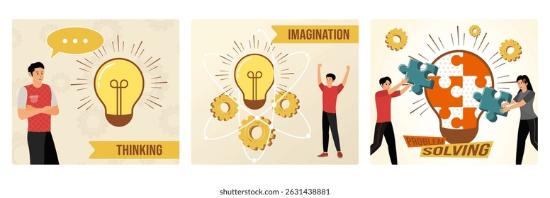 A man with arms crossed pondering ideas, symbolized by a glowing light bulb. Representing creativity and innovation. Teamwork and problem solving, featuring team members fitting puzzle pieces.